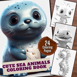 Cute Sea Animals Coloring Pages - Set of 24 Printable Pages, Coloring Book for Adult and Kid, Animal Illustration, PDF