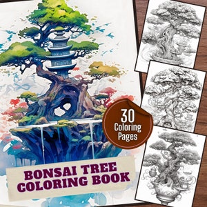 Kolorowanki Bonsai Tree - Zestaw 30 stron do druku, Kolorowanka dla dorosłych i dzieci, Ilustracje botaniczne, Dzieła sztuki o tematyce przyrodniczej, PDF