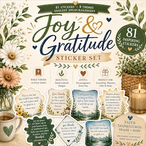 Puede incluir: Un set de pegatinas titulado Joy & Gratitude que incluye 81 pegatinas con versículos bíblicos y diseños escritos a mano. El empaque muestra ilustraciones florales, una vela y una taza, con texto que incluye 81 Inspiring Stickers y 9 Themes.