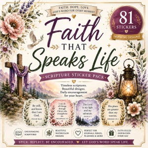 Puede incluir: Un paquete de 81 pegatinas titulado Faith That Speaks Life con ilustraciones florales, una cruz y una linterna. El paquete incluye textos como Be still and know that I am God, I can do all things through Christ y otras escrituras.