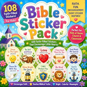 Puede incluir: Un paquete de pegatinas bíblicas para niños con 108 adhesivos. El diseño incluye una iglesia, un arcoíris y varias ilustraciones como un perezoso, un corazón, un león y un ancla, cada una acompañada de versículos bíblicos inspiradores.