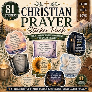 Puede incluir: Un paquete de 81 pegatinas de oración cristiana con versículos bíblicos e ilustraciones de naturaleza. La colección incluye diseños con girasoles, una paloma, un faro y una fogata, todos mostrando textos de las escrituras.