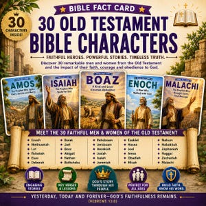 Könnte beinhalten: Ein Set aus 30 Faktenkarten zum Alten Testament mit Illustrationen von Figuren wie Amos, Jesaja, Boas, Henoch und Maleachi. Die Darstellung enthält eine Namensliste, beschreibenden Text sowie Symbole zu Geschichten, Versen und Lektionen.
