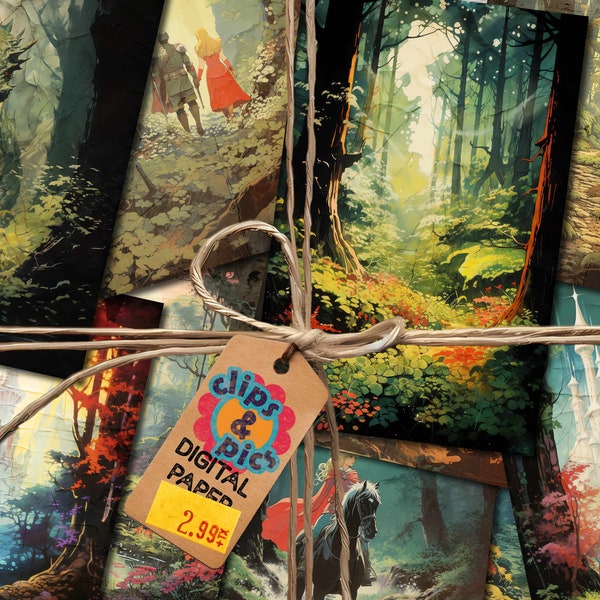 Vintage Fantasy Wald druckbare halbe Papiere, 14 x 21 cm, beunruhigte Taschenbuchumschläge, Retro Gemälde digitaler Download