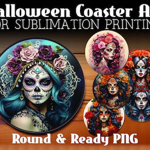 Könnte beinhalten: Satz mit sechs runden, farbenfrohen digitalen Kunstbildern mit einem Thema zum Tag der Toten. Jedes Bild zeigt eine Frau mit einem Zucker Schädel Make-up Design, Blumen und filigranen Details. Der Text "Round & Ready PNG" befindet sich am unteren Rand des Bildes.