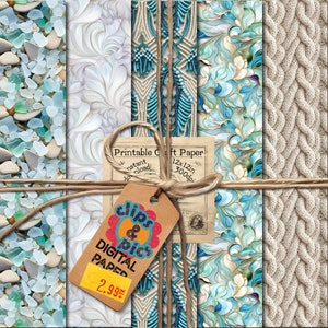 May include: A set of four digital paper designs featuring a variety of patterns, including sea glass, marble, floral, and cable knit. The papers are 12x12 inches and 300 dpi. The text on the tag reads "Printable Craft Paper 12x12in 300dpi clips & pics DIGITAL PAPER 2.99$"