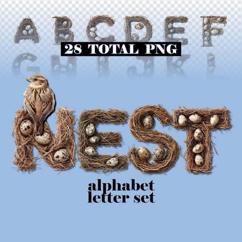 Nesting Letters Bird Nest Letters: Full Alphabet PNG Set on Transparent Backgrounds ...