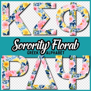 Watercolor Floral Greek Alphabet, Transparent PNG Bundle for Sorority Sublimation Designs, High Resolution Sorority Letters