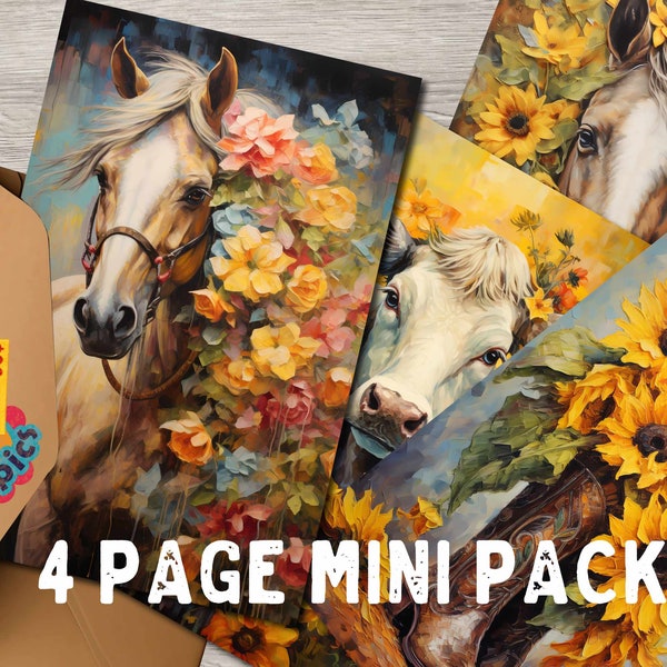 Cowgirl Printable Junk Journal Half Papers 5.5 by 8.5 inch Pages Summer Sunflower Horses Cow Boots Digital Download Greeting Card Set