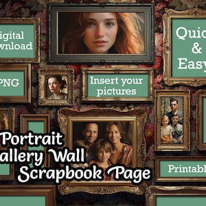 Może przedstawiać: Cyfrowa, drukowana strona scrapbookingu z motywem galerii portretów. Strona zawiera 10 ozdobnych ramek z zielonym tłem i białym tekstem. Tekst zawiera "Pobierz cyfrowo", "PNG", "Wstaw swoje zdjęcia", "Strona scrapbookingu z galerią portretów", "Szybko i łatwo!" i "Do wydruku".