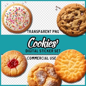 May include: A set of five cookies, including a chocolate chip cookie, a sprinkle cookie, a jam cookie, a sugar cookie, and a shortbread cookie. The cookies are all on a white background.