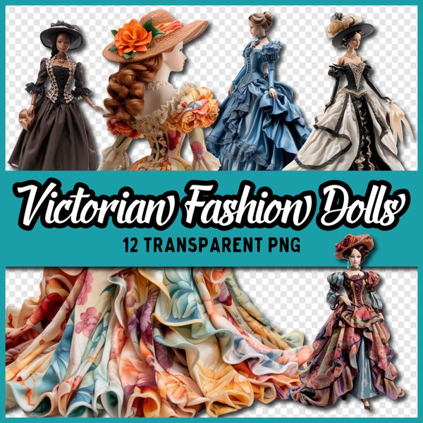 Fashion Dolls in Victorian Dresses, 12 Transparent PNG files, Instant Download