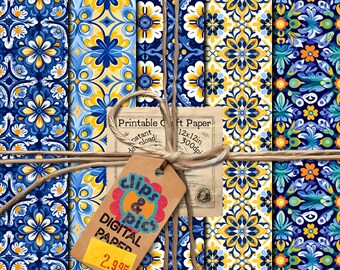 Puede incluir: Cuatro diseños de papel digital con patrones geométricos azules y amarillos inspirados en los azulejos portugueses tradicionales. Los papeles miden 30,5 x 30,5 cm y 300 dpi. El texto en la etiqueta dice "Printable Craft Paper 12x12in 300dpi" y "clips & pics DIGITAL PAPER 2.99".