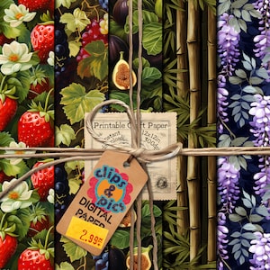 May include: A set of six digital paper designs featuring various patterns. The designs include strawberries and flowers, grapes and figs, bamboo, and wisteria flowers. The papers are 12x12 inches and 300dpi. The papers are available for instant download. The price is $2.99.