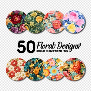 Pode incluir: 50 designs florais, imagens PNG redondas transparentes. As imagens apresentam uma variedade de padrões florais em diferentes cores, incluindo vermelho, rosa, amarelo, azul e verde.