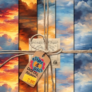 May include: Four digital paper designs featuring different sunset sky patterns. The papers are tied together with twine and a brown tag that reads "clips & pics digital paper 2.99$". A smaller tag reads "Printable Craft Paper 12x12in 300dpi".