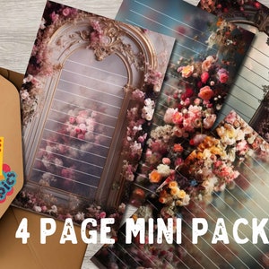 May include: Four printable pages with floral designs. The first page features a vintage-style archway with pink and white flowers. The second page features a bouquet of pink, yellow, and orange flowers. The third page features a bouquet of red, pink, and white flowers. The fourth page features a bouquet of yellow, orange, and white flowers.