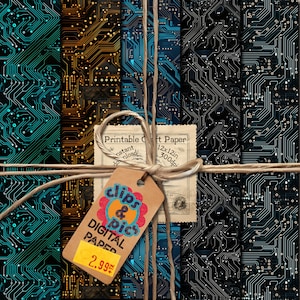May include: Three digital paper designs featuring a circuit board pattern in shades of blue, gold, and black. The papers are 12x12 inches and 300 dpi. The papers are bundled together and tied with twine. A price tag reads "clips & pics digital paper 2.99$".