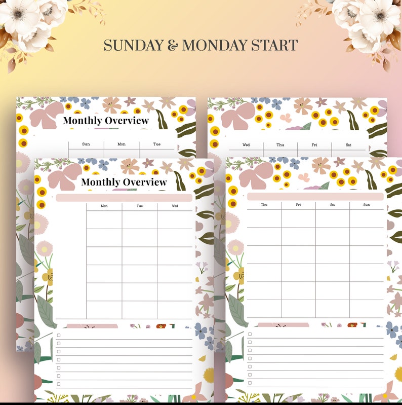 Undated Monthly Overview Printable, Month on Two Pages, Month at a ...