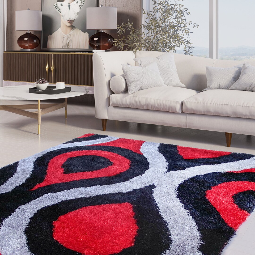 Red Black Gray Grey 3D Shag Area Rug 8'x10' Art Etsy