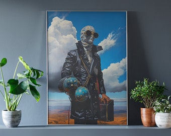May include: A framed poster featuring a person wearing a black leather coat, a patterned mask, and goggles. The person is holding a device with two spheres and a briefcase. The background is a blue sky with white clouds.