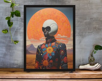 May include: A painting of a person wearing a white helmet and a colorful jacket with floral designs. The person is standing in front of a large orange sun with clouds in the background.