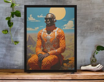 May include: A painting of a person wearing a patterned orange jumpsuit and headphones, sitting on a rocky outcrop. The background is a landscape with mountains and a bright yellow sun.