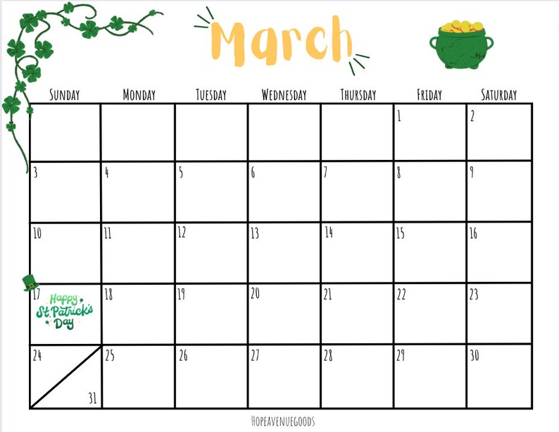 Editable March 2024 Calendar Etsy
