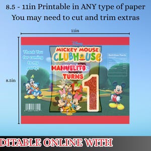 Puede incluir: Un dise&ntilde;o imprimible para recuerdos de fiesta con personajes de Mickey Mouse Clubhouse. El dise&ntilde;o incluye el texto "Mickey Mouse Clubhouse", "Manuelito Turns 1" y "&iexcl;Gracias por venir a mi fiesta!" Las dimensiones son 21,6 x 27,9 cm.
