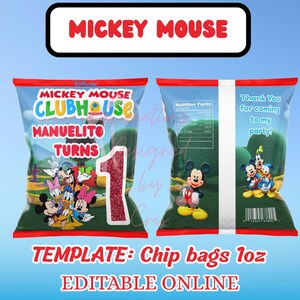 Puede incluir: Dos bolsas de patatas fritas transparentes con ribete rojo, con personajes de Mickey Mouse Clubhouse. Una bolsa tiene un gran n&uacute;mero 1 brillante. El texto incluye "MICKEY MOUSE", "MANUELITO TURNS" y "&iexcl;Gracias por venir a mi fiesta!"