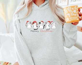 Katzen-Weihnachts-Sweatshirt, fünf Kätzchen, die niedliche Weihnachts-Hoodies tragen, glückliches Katzen-T-Shirt, Weihnachtssweatshirt