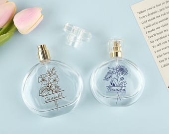Personalized Glass Perfume Bottles, Customized Birth Flower Perfume Bottles, Bridal Wedding Gifts, Reusable Round Perfume Bottles