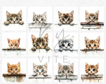 水彩子猫のクリップアート：覗き見猫、カード作り（デジタル