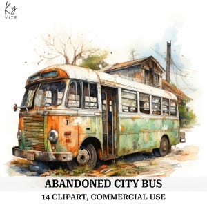 14 imágenes prediseñadas de autobús urbano abandonado, autobús antiguo vintage, imágenes prediseñadas de acuarela imprimibles, manualidades de papel, diario de recortes, alta calidad, descarga digital