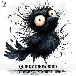 16 imágenes prediseñadas de cuervos extravagantes, pájaro negro caprichoso, imágenes prediseñadas de acuarela imprimibles, manualidades de papel, álbumes de recortes, diarios, alta calidad, descarga digital