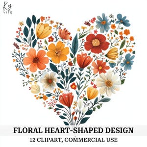 12 Boho Floral Heart Shape Clipart, Coração com Flores, Dia dos Namorados, Clipart de aquarela para impressão de alta qualidade, Download digital, Papel artesanal