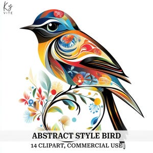 14 clipart de pássaros em estilo abstrato, arte decorativa caprichosa de pássaros, clipart de aquarela para impressão, artesanato em papel, alta qualidade, download digital, CU