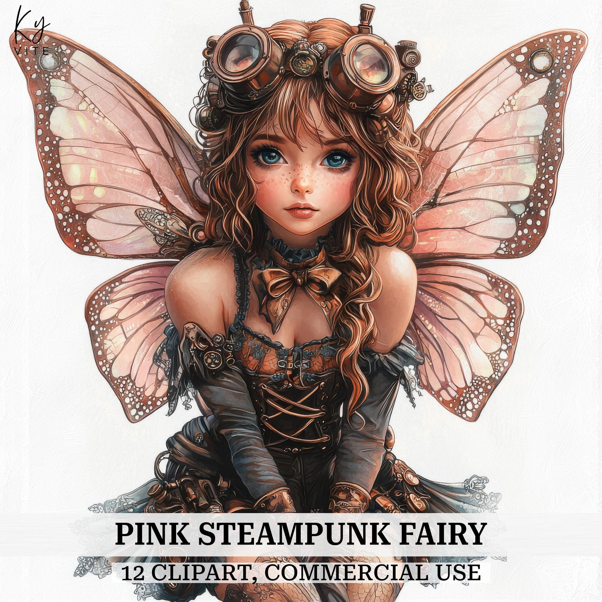 12 Pink Steampunk Fairy Clipart, Magical Fairy, Printable Watercolor Clipart, Paper Craft, Scrapbook Journal, High Quality, Digital Download