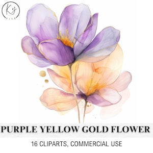 16 fleurs abstraites Clipart, fleur jaune violet, impression de fleurs, clipart aquarelle imprimable, haute qualité, téléchargement numérique, créations en papier