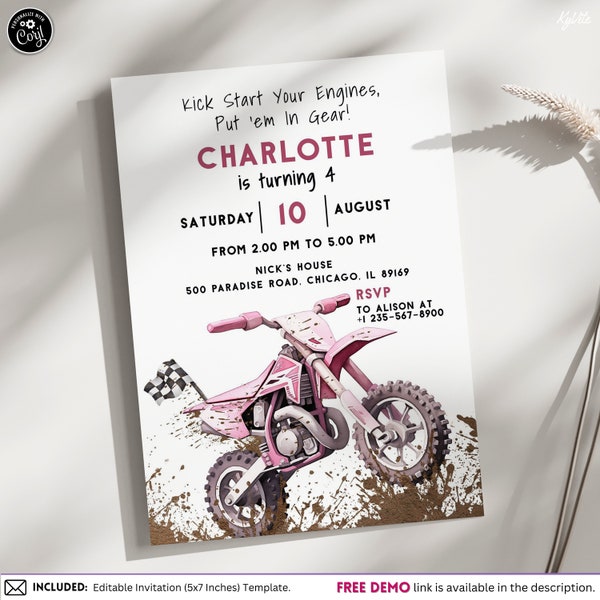 Editable Pink Dirt Bike Birthday Invitation, Dirt Bike Theme Birthday Invitation Template, Racing Motocross Party Card Instant Download, MB4