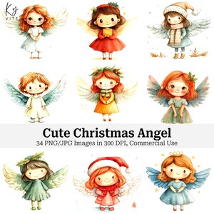 34 schattige kerst engel clipart clipart, kerst cartoon engel, afdrukbare aquarel clipart, kaarten maken, hoge kwaliteit, digitale download