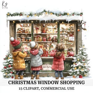 15 kinderen bij etalage met sneeuw, kerstetalages in de winter, afdrukbare aquarel clipart, kaarten maken, digitale download, CU