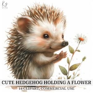 Hérisson tenant une fleur des cliparts, clipart aquarelle imprimable, créations en papier, album, journal, haute qualité, téléchargement numérique
