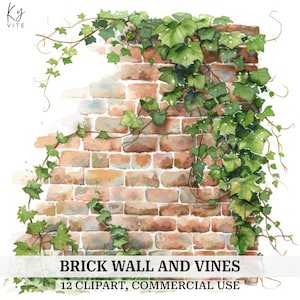 Könnte beinhalten: Aquarellillustration einer Backsteinmauer mit grünen Efeuranken. Die Mauer besteht aus roten und braunen Ziegeln, einige Ziegel zeigen Andeutungen von Blau und Grün. Der Text "BRICK WALL AND VINES" und "12 CLIPART, COMMERCIAL USE" befindet sich unten.