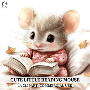 May include: A cute, illustrated mouse with large eyes and a pink onesie is reading a book. The mouse is sitting on a white pillow with autumn leaves scattered around. Text at the bottom reads "CUTE LITTLE READING MOUSE" and "13 CLIPART, COMMERCIAL USE."