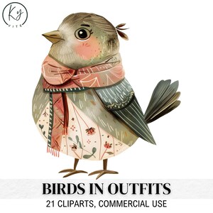 21 pássaros clipart, pássaro bonito vestindo roupas, clipart de aquarela para impressão, artesanato em papel, álbum de recortes, diário, alta qualidade, download digital