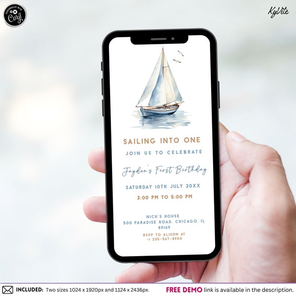 Editable Blue Nautical Sailboat 1st Birthday Phone Invite, Sailing into One Theme Marine Mobile Invitation Template, Instant Download NT4