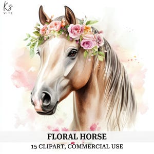 15 imágenes prediseñadas de caballos florales, cabeza de caballo, fabricación de tarjetas, acuarela imprimible, manualidad de papel, diario, álbum de recortes, alta calidad, descarga digital, CU