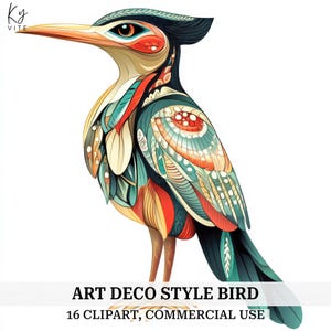 16 アールデコ スタイルの鳥のクリップアート、カラフルな装飾的な鳥のアート、印刷可能な水彩画のクリップアート、ペーパー クラフト、高品質、デジタル ダウンロード、CU