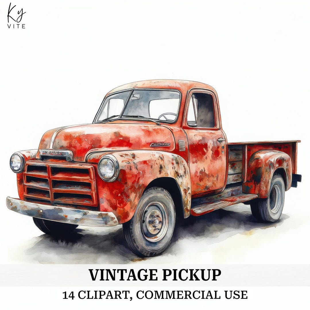 14 Vintage Pickup Truck Clipart, American Pickup Truck, Printable Watercolor Clipart, Paper ...